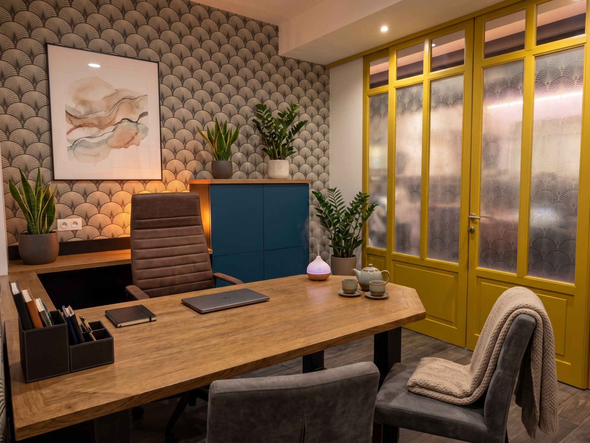 Salle de consultation d'un cabinet médical et paramédical à louer Bordeaux : bureau en bois, fauteuil et cloison vitrée jaune