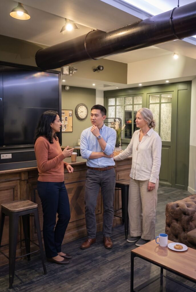 Praticiens échangeant dans l'espace commun du Seven Coworking à Bordeaux